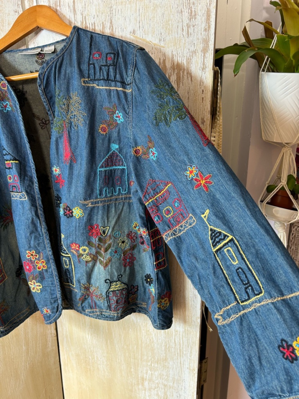 Chico's Blue Denim Jacket with Multicolor Embroidery - Picture 3 of 12